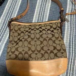 Coach Brown Signature Canvas Shoulder Bag with Tan Leather Trim